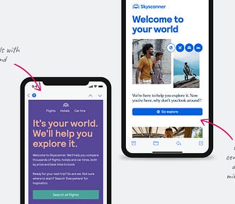 Two screens that show and old version and a new version of a Skyscanner onboarding email. One is purple with pink text with a lot of words and no images, the second is white and blue with two images of people while travelling and more a inspirational title and button CTA.