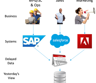 Business into SAP, Sales into Salesforce, Marketing into Adobe, then delay the data, then dump it in a warehouse