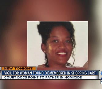 A young African American woman with a bright smile is shown in the center of the image. Below is the headline from a local TV news broadcast: Vigil for Woman Found Dismembered in Shopping Court — Court Docs Point to Father in Homicide. The 2 ABC WMAR logo is shown to the bottom right, just above the time 11:03. (The borders of the image are formed from a blurry version of the photo.)