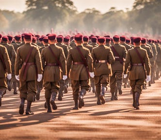 Image shows a platoon of marching soldiers wearing brown uniforms and maroon berets.