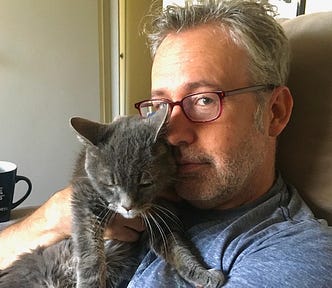 A man wearing red glasses snuggles with a gray cat.