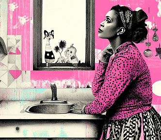 A close-up shot of a beautiful middle-aged, dark-skinned Black woman standing in front of the kitchen window. The sink was devoid of dishes, and the clock on the wall ticked steadily.