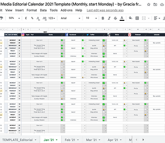 Screenshot of the template showing the Jan ’21 tab with random dummy data.