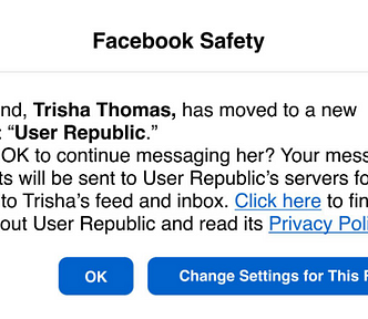 An imaginary dialog box from a future Facebook; the user is being asked whether they want to continue to follow a friend who has left Facebook and is now on a small, community-managed social media service.