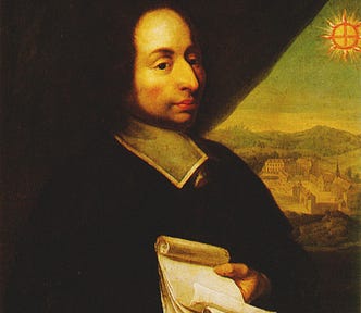 The picture shows Blaise Pascal, holding several sheets of paper in his left hand. Behind it is a city skyline with mountains and a special representation of the Sun with a cross.