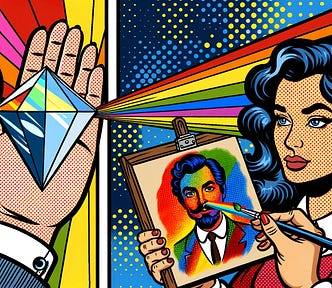 AI image in the cartoon style of 1960s. Personalization as a prism or as a portrait. UX lessons from Google about AI personalization algorithm and what we should do about them.