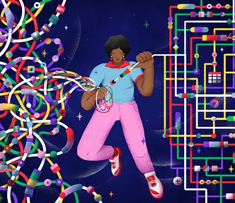 A digital illustration on a navy blue background with randomly placed stars. A Black woman wearing a light blue polo shirt, pink jeans, and red and white snearkers is holding a colorful, tangled string of shapes and lines that extend from both sides. On the left side, the strings are chaotic and intertwined with circles, squares, ovals, and rectangles. On the right side, the strings are organized into a complex circuit-like pattern with the shapes are accompanied by stylized charts and graphs.