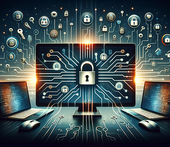 An illustration of encryption with notebooks and computers that are covered in keys and locks