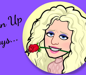 Cartoon on purple background — head shot of blonde with blue eyes and purple eye shadow holding a red rose in her mouth