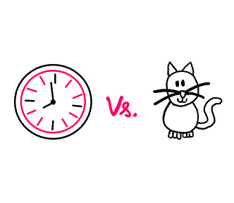 What Makes Clocks And Cats Different? — a hand-drawn clock on the left and a funny comic-like hand-drawn cat on the right. The word “Vs.” in between.