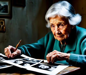 Very old woman with grey hair, looking at photographs