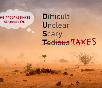 A dust-filled desert with a thought bubble “We procrastinate because it’s…” List says Difficult, Unclear, Scary, Tedious. The last item is struck out and replaced with Taxes.