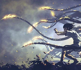 Illustration of a boy fighting a magic battle