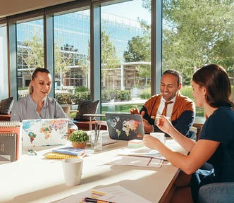 Team innovating around a desk in a sunlit, open office space. | Image by Kindel Media on Pexels