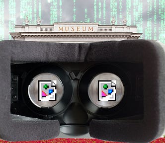 A picture of a stately columnated museum. Obscuring most of its facade is the view from inside a VR headset. The headset’s eye-screens have been blurred out and a single Web 1.0-era ‘image not found’ Netscape icon sits in the center of each. A ‘code waterfall’ from the credits sequences of the Wachowskis’ ‘Matrix’ movie is bleeding through the sky overhead. Image: Diego Delso (modified) https://commons.wikimedia.org/wiki/File:Museo_Mimara,_Zagreb,_Croacia,_2014-04-20,_DD_01.JPG CC BY-SA 4.0