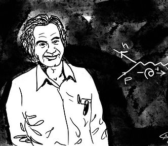 A Procreate illustration of Richard Feynman standing in front of a whiteboard where he liked to lecture.