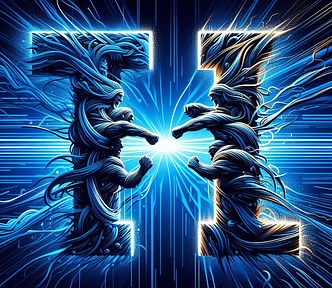 An image with blue energy being emitted in the background. There is a letter “T” clashing with a letter “I” that symbolises the debate between types and interfaces in TypeScript.
