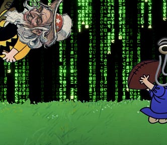 A frame from a Peanuts animation, depicting Lucy yanking the football away from Charlie Brown, who is somersaulting through the sky. It has been altered. Lucy’s head has been replaced with Microsoft’s Clippy. Charlie Brown’s head has been replaced with a 19th century caricature of a grinning Uncle Sam. The sky has been replaced with a ‘code waterfall’ effect as seen in the Wachowskis’ ‘Matrix’ movies.