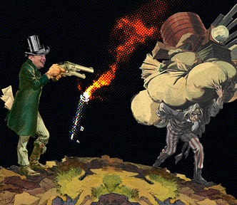 A highwayman in a tailcoat and top-hat with Elon Musk’s laughing face points a pair of oversized revolvers at a bent-double Uncle Sam, his face a bitter mask; Sam is being crushed under a small mountain of variegated fardels, e.g., large sacks, barrels, and railroad rails. In the background is a halftoned image of a Falcon Heavy rocket plummeting out of the sky, chased by a plume of flame. Image: Steve Jurvetson (modified) https://www.flickr.com/photos/jurvetson/52005460639/ CC BY 2.0 https:/