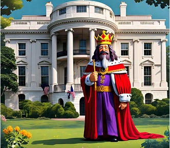 A king in royal garb and a crown stands in front of the U.S. White House.