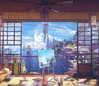 Futuristic urban panorama seen from a cozy, sunlit artist’s studio with traditional Japanese architecture, reflecting the innovative spirit of Python’s advanced magic methods for enhancing class functionality.