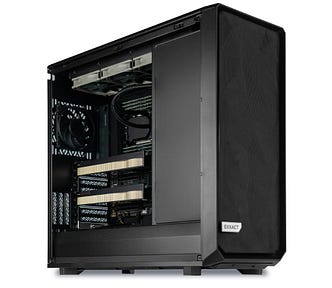 a professional workstation with the side cover open showing the internal components and graphics cards
