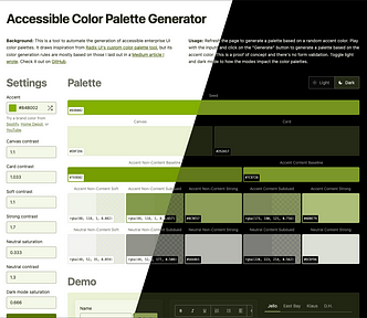 Screenshot of the Accessible Color Palette Generator’s UI in light and dark modes.