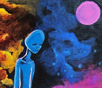 Painting of a sad figure who is blue, standing beneath a tumultuous multi-colored sky featuring a pink orb (moon or sun)