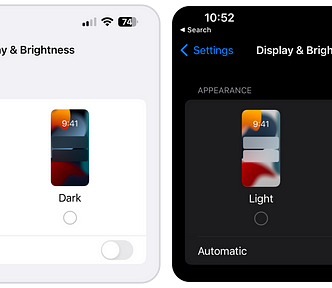 Light mode and dark mode controls on iPhone.