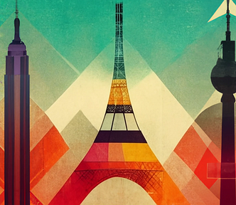 A colorful art deco illustration of many famous landmarks in the world, like the Empire State Building, the Fernseherturm, and Eiffel Tower