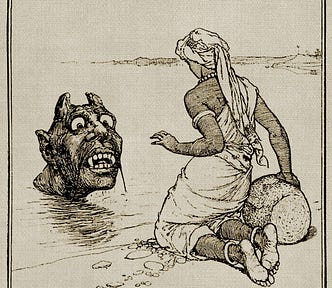 A pen and ink drawing of an African woman with a basket, kneeling on the shoreline. A demonic head, with horns, eyes large as saucers, and terrible sharp fangs, is rising from the waves.