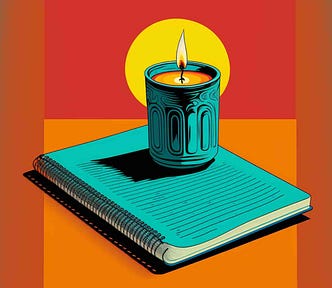 A candle and a notebook on a desk, pop art