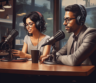 two attractive people sitting at a podcasting booth. I picked this image because podcasting is one of the best thought leadership examples, and these two look very influential and leadership-y.