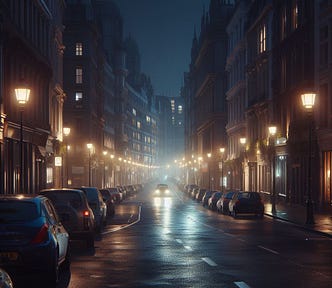 A city centre street with cars parked at the side of the road