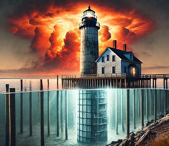 Create an ultra-realistic image of the Deep Water Shoal Lighthouse overlooking James River, Virginia. A transparent view beneath the lighthouse shows a forgotten ICBM silo that glows with an ominous and foreboding fiery light.