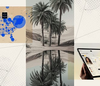 A collage blending a data map, a digital dashboard, and a desert mirage. The composition represents how design, data, and innovation can create the illusion of progress when metrics are mistaken for meaning.