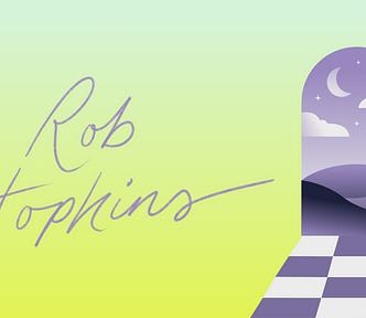 Text says “Rob Hopkins” in italic font, on a yellow and green faded background. To the right is a graphic of a doorway, and through it is a night time scene with crescent moon and clouds.