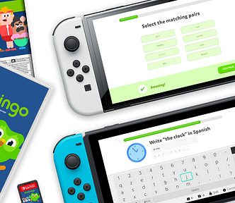 a cover layout with the mockup Duolingo game packaging front and back next to two Switch devices with different demos of the following prototype software