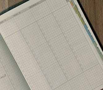 Open book at an angle showing a cropped portion of a weekly spread with vertical days. There are coloured tabs poking out about 5mm, down the right hand edge of the book’s pages