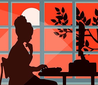 A graphic of a woman in silhouette sitting at a table with a computer in front of a large French window showing a bright orange night sky.