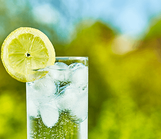 Sparkling Water with ice cubes and Lemon Slice. A faded green garden in the background.