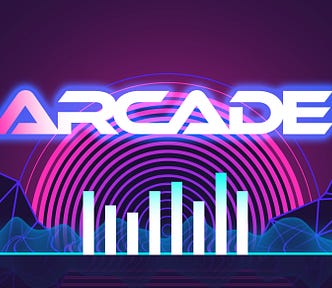 The “Arcade” logo. Arcade is spelled in tron-like font. The letters fade from violet to white. The background is purple with a lighter purple “rainbow” behind the logo. Uneven audio display bars jut up from a neon light blow line at the bottom. On both sides are dark purple video game-y mountains with lighter lines that make the mountains look like they’re made up of triangles.