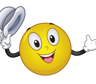 Photo of yellow smiley face with arms, taking off hat.
