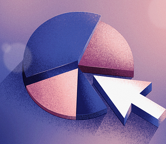 Illustration of a pie chart. There are 5 pieces to the pie. One of the pieces is cursor. The illustration uses a pink and purple color palette.