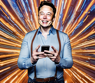 Elon Musk happily using his phone, posting something on Twitter.