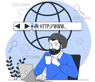 Illustration in blue of man at his laptop with a coffee in his left hand typing in http://www…