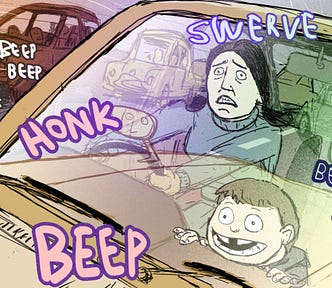 Mum driving the wrong way on a one-way road.