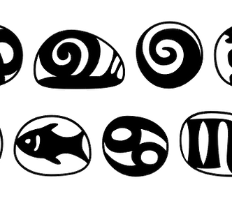 These are glyphs designed by Adrian Frutiger for his typeface Stones. They are black and white, all of them are contained in circles. This typeface was inspire by the marbling of black on a white pebble that Frutiger found. The forms look like ancient carvings, especially the ones I have chosen which are representations of a fish, a snail, a bull and the pisces logo.