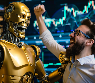 You can now create your own tailor-made bot to do profitable trading for you, in a matter of minutes. (AI image created on MidJourney V6 by Henrique Centieiro and Bee Lee) Golden robot cheering with an investor with glasses and beard.