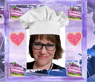 woman in chef’s hat, with desserts around her face